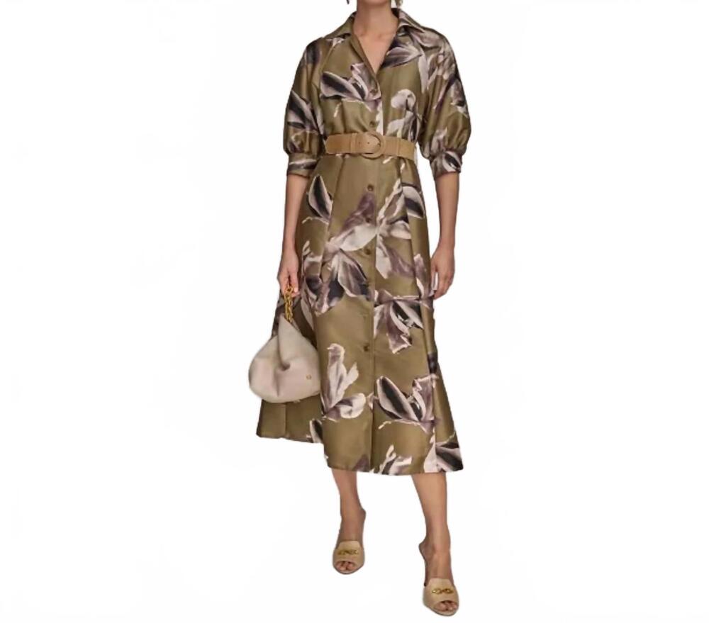 NEW DONNA KARAN print belted midi shirtdress in olive floral